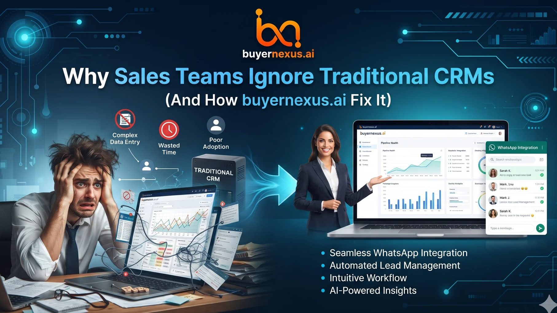 Stressed salesperson at a traditional CRM beside a smiling rep using the Buyer Nexus dashboard